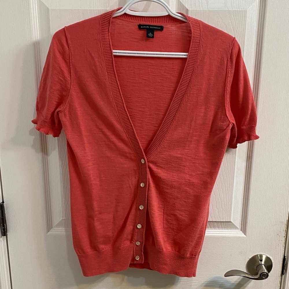 Banana Republic Coral Pink Short Ruffle Sleeve Cardigan Cotton Womens Size Small